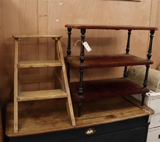 A Victorian ebonised etagere together with set of pine steps Etagere W.68cm